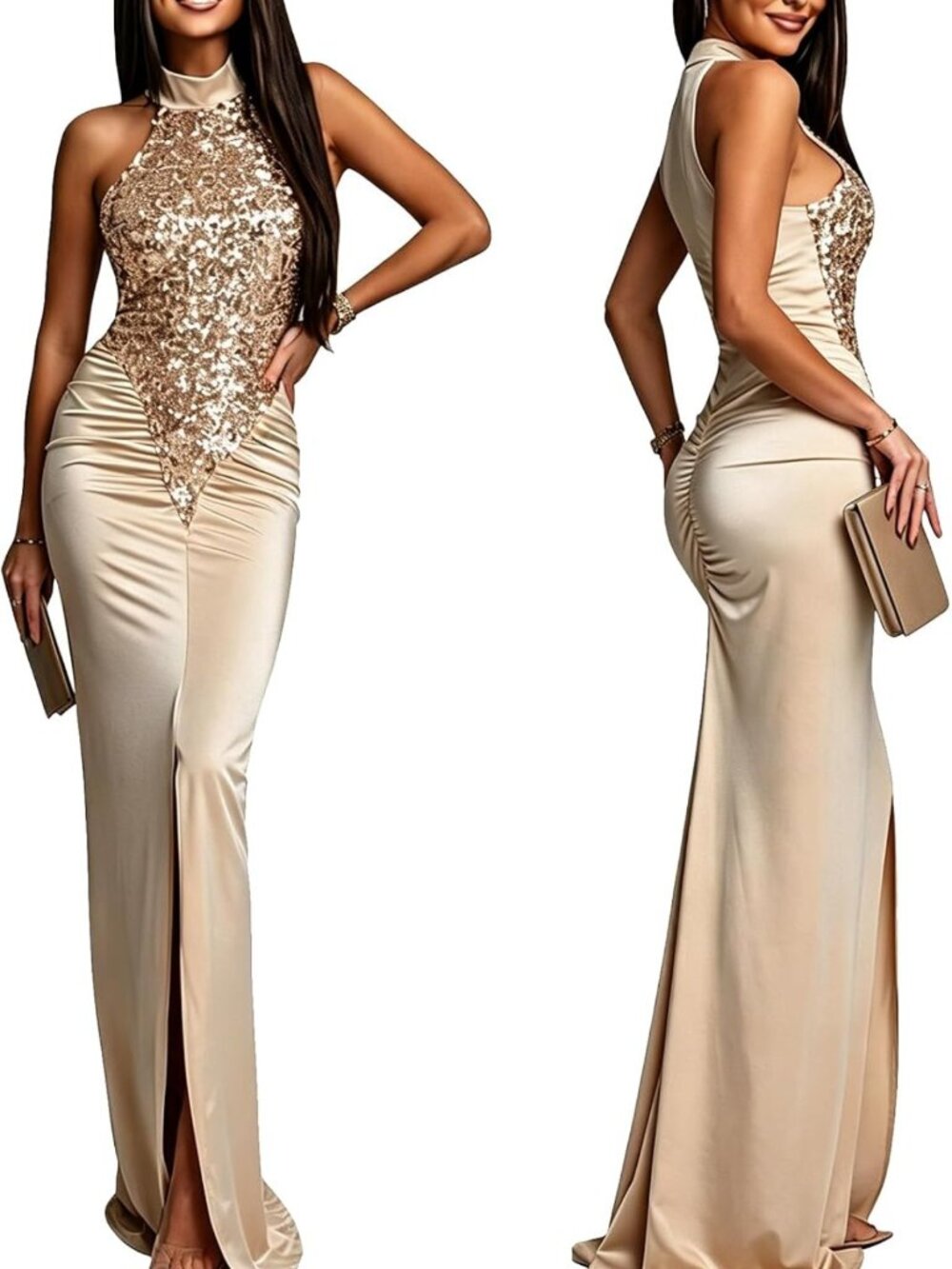 Glamorous Sequin Patchwork Satin Halter Neck Bodycon Maxi Dress with High Slit